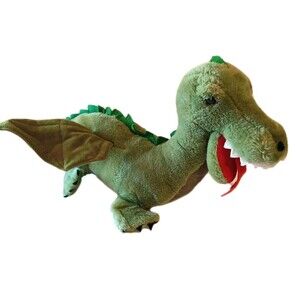 Large Vintage Dakin Green Plush Winged Dragon Stuffed Toy Animal Fire Breathing